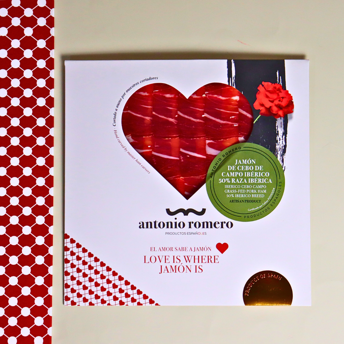 ANTONIO ROMERO Hand carved Ibérico Ham Cebo de Campo Grass-Fed Heart Shape 60g - ARC IBERICO IMPORTS