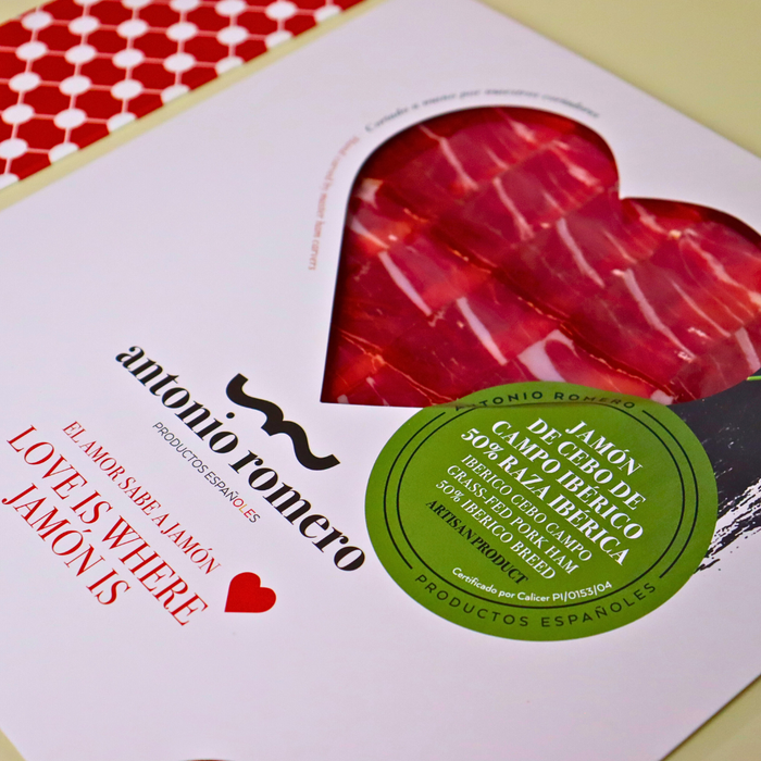ANTONIO ROMERO Hand carved Ibérico Ham Cebo de Campo Grass-Fed Heart Shape 60g - ARC IBERICO IMPORTS