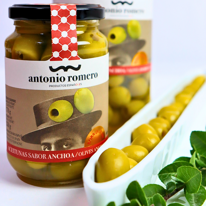 ANTONIO ROMERO Manzanilla Olives Anchovy Flavor 450g - ARC IBERICO IMPORTS