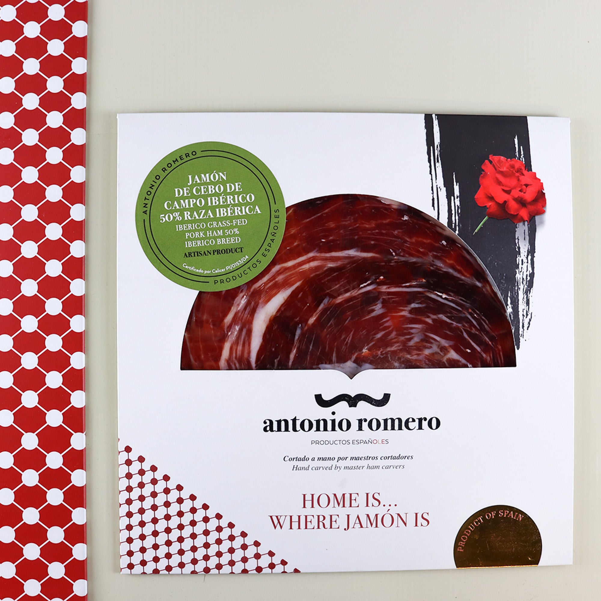 ANTONIO ROMERO Hand carved Ibérico Cebo de Campo Grass-Fed Pork Ham 50% Ibérico Breed 100g - ARC IBERICO IMPORTS