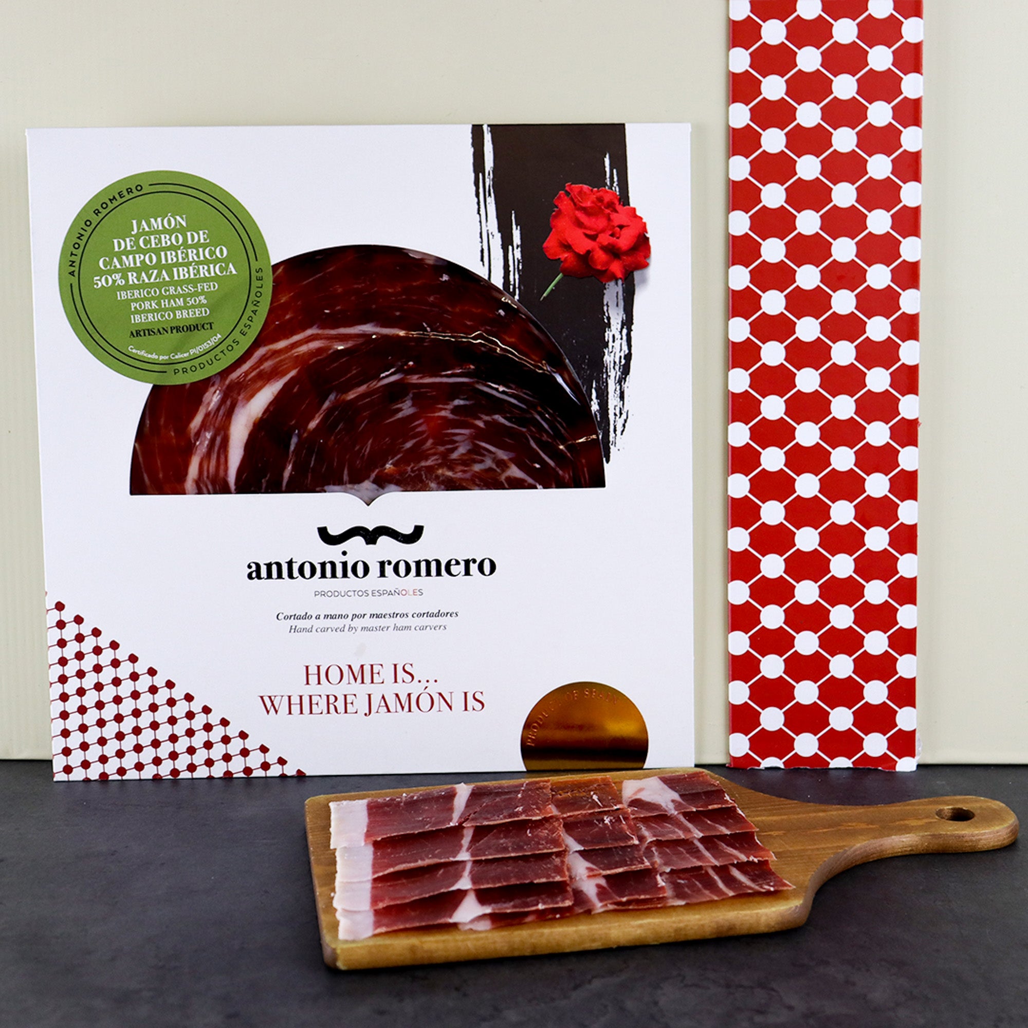 ANTONIO ROMERO Hand carved Ibérico Cebo de Campo Grass-Fed Pork Ham 50% Ibérico Breed 100g - ARC IBERICO IMPORTS